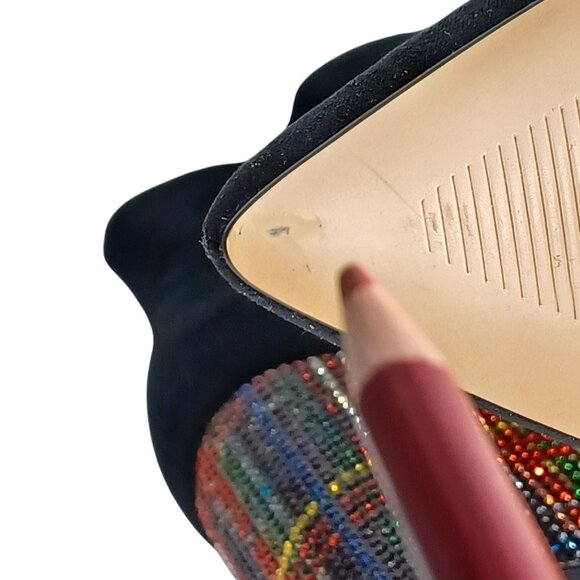 Black Suede Side Zip Pointed Toe Multi Color Rhinestone Block Heel Bootie SZ 7M - Picture 13 of 14